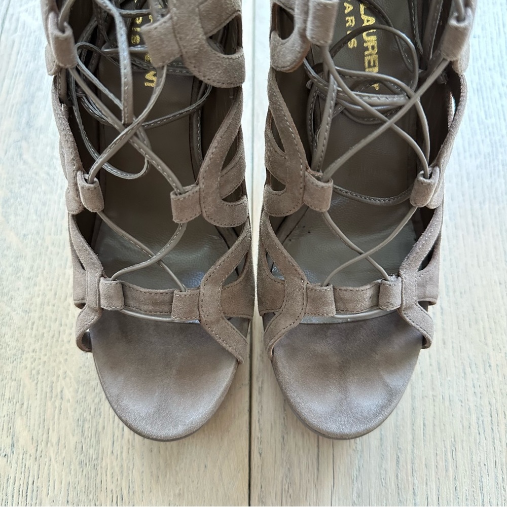 ๐ Saint Laurent Taupe Suede Tribute Ankle Wrap Lace Up Platform Stiletto - Picture 5 of 16